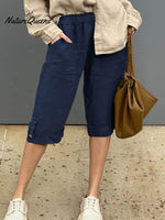 Women's Solid Elastic Waist Casual Linen Capri Pants