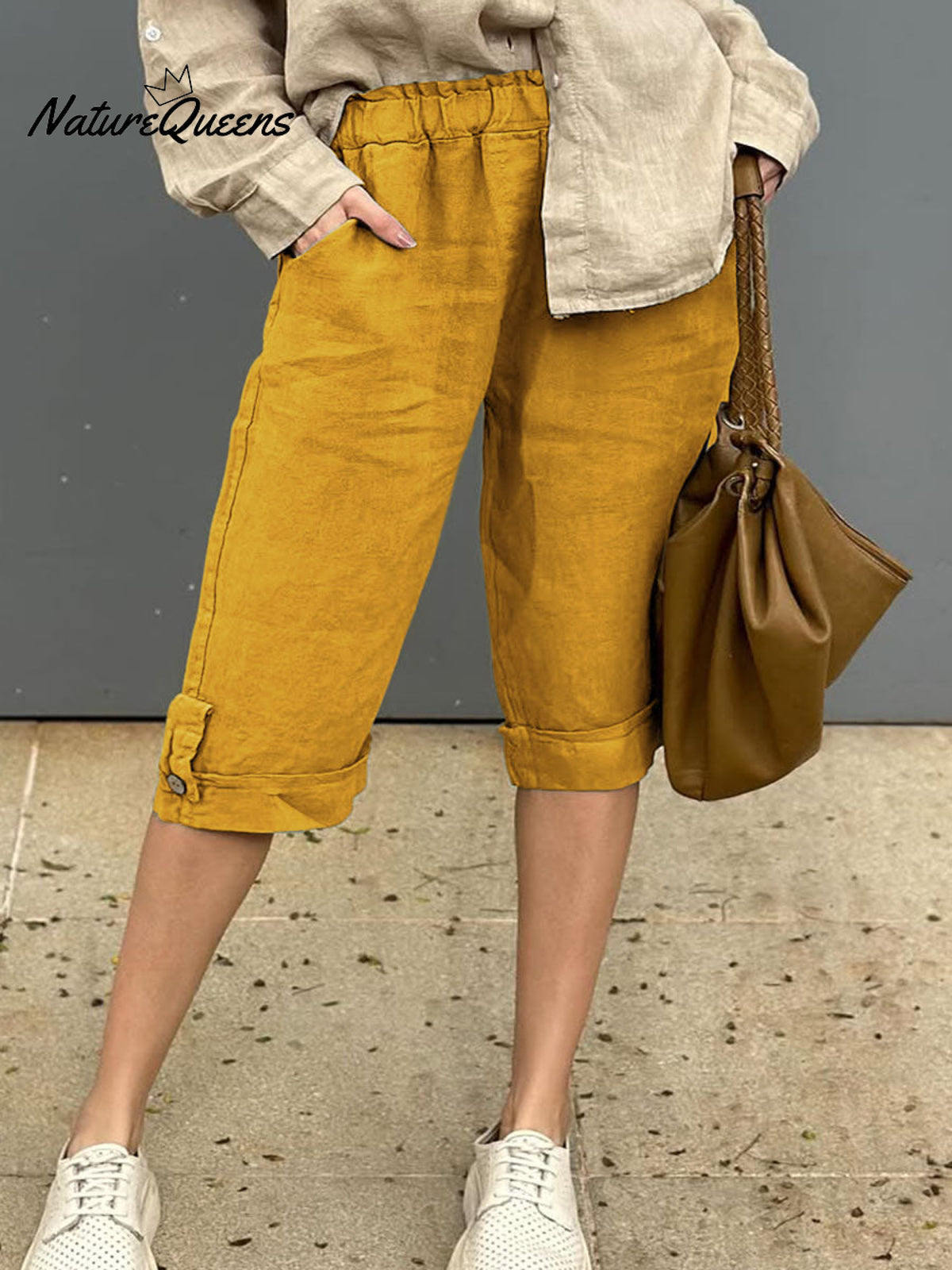 Women's Solid Elastic Waist Casual Linen Capri Pants