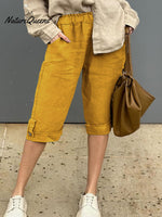 Women's Solid Elastic Waist Casual Linen Capri Pants