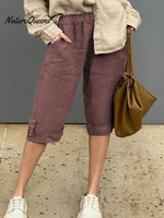 Women's Solid Elastic Waist Casual Linen Capri Pants