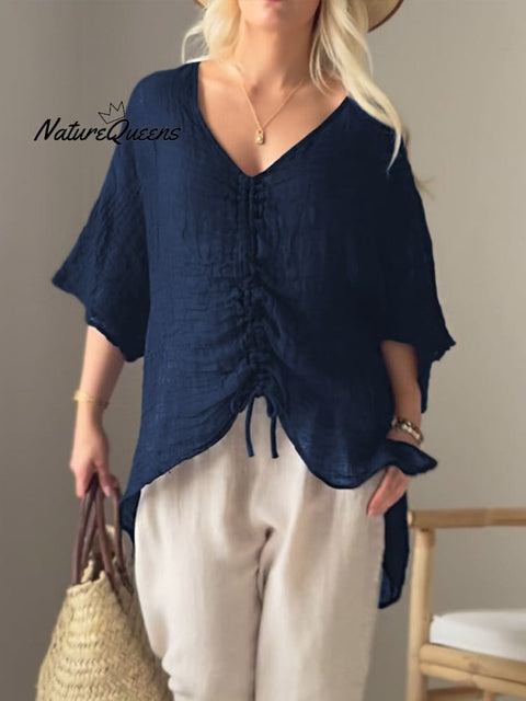 Women's Solid V-neck Drawstring 3/4 Sleeve Lightweight Linen Top