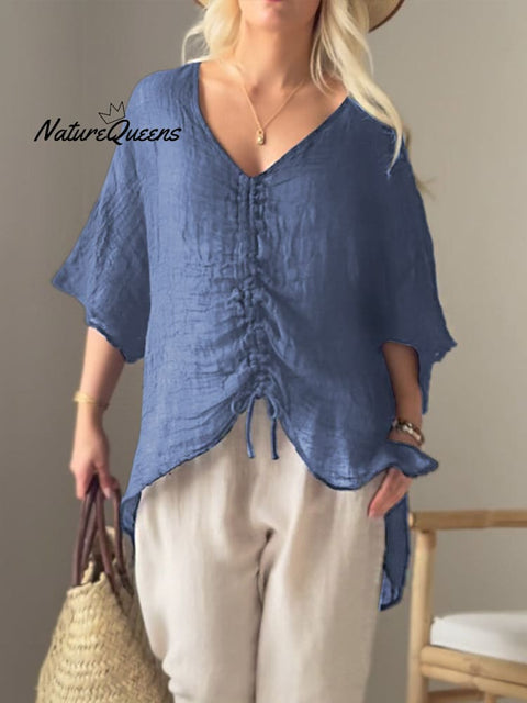 Women's Solid V-neck Drawstring 3/4 Sleeve Lightweight Linen Top
