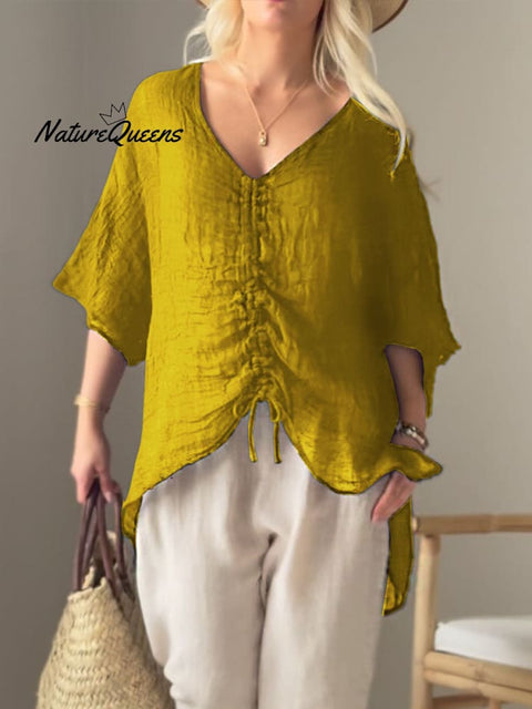 Women's Solid V-neck Drawstring 3/4 Sleeve Lightweight Linen Top