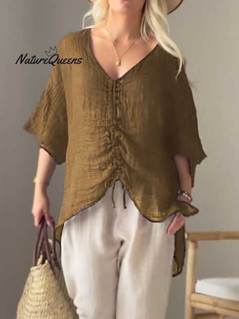 Women's Solid V-neck Drawstring 3/4 Sleeve Lightweight Linen Top