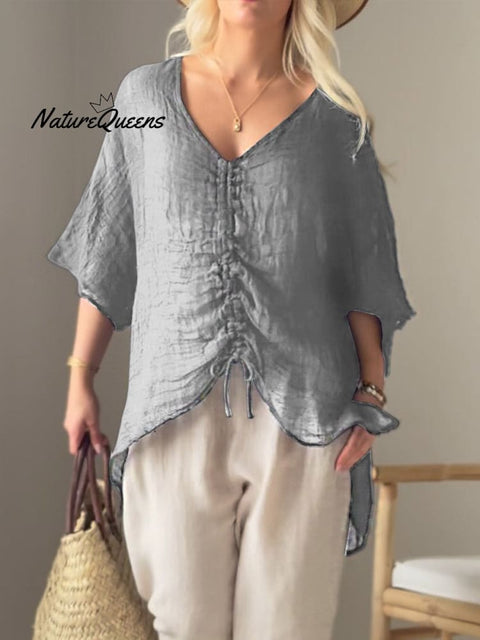 Women's Solid V-neck Drawstring 3/4 Sleeve Lightweight Linen Top