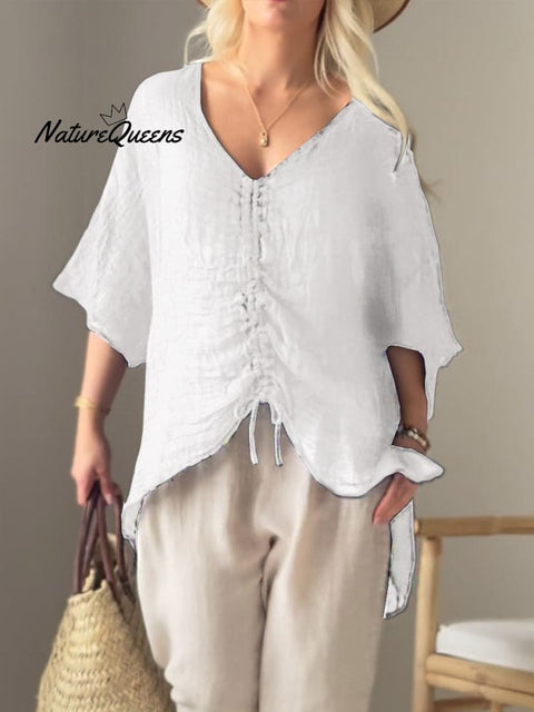 Women's Solid V-neck Drawstring 3/4 Sleeve Lightweight Linen Top