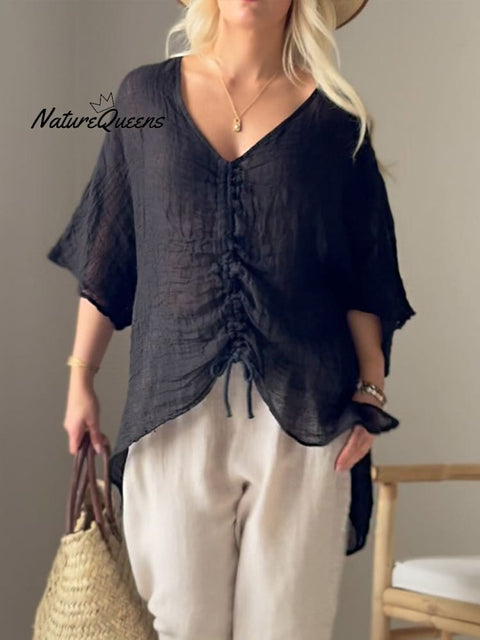 Women's Solid V-neck Drawstring 3/4 Sleeve Lightweight Linen Top