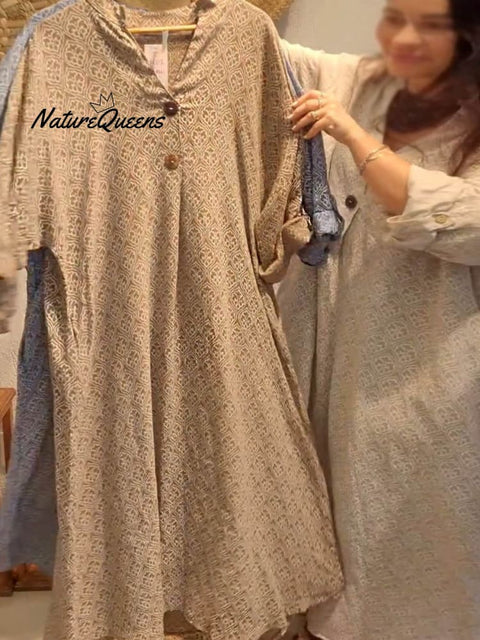 Women's V-neck Retro Geometric Print 3/4 Sleeve Casual Linen Dress