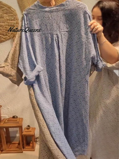 Women's V-neck Retro Geometric Print 3/4 Sleeve Casual Linen Dress