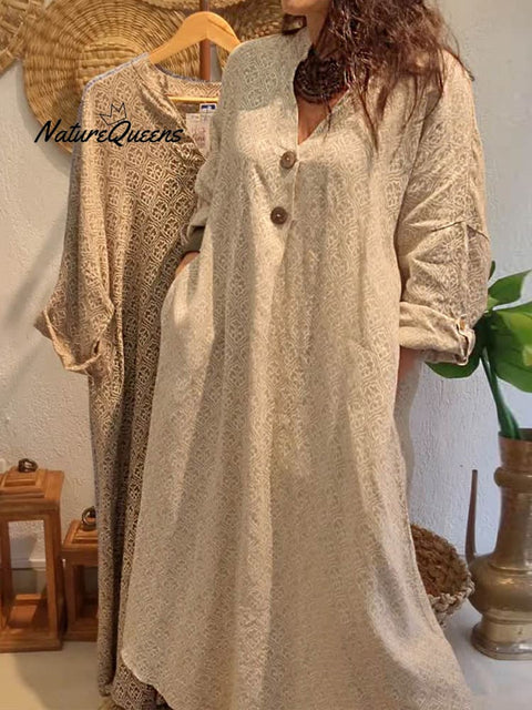 Women's V-neck Retro Geometric Print 3/4 Sleeve Casual Linen Dress