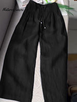 🔥Limited time promotion Women's Solid Color Pleated Drawstring Casual Cotton and Linen Wide Leg Pants