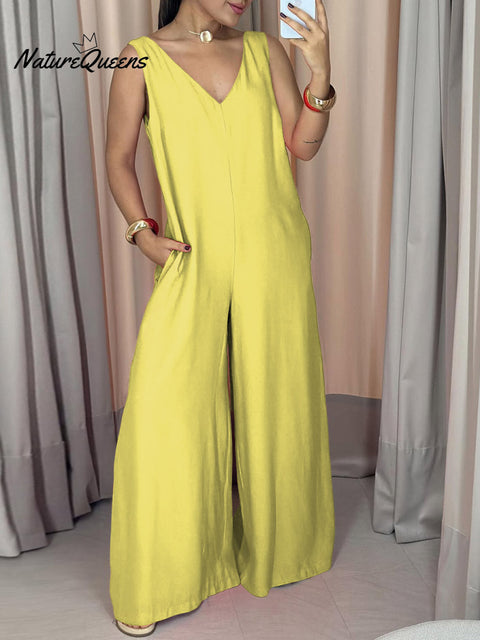 Women's  Solid Color V-Neck Sleeveless Loose Casual Linen Jumpsuit Wide Leg Pants