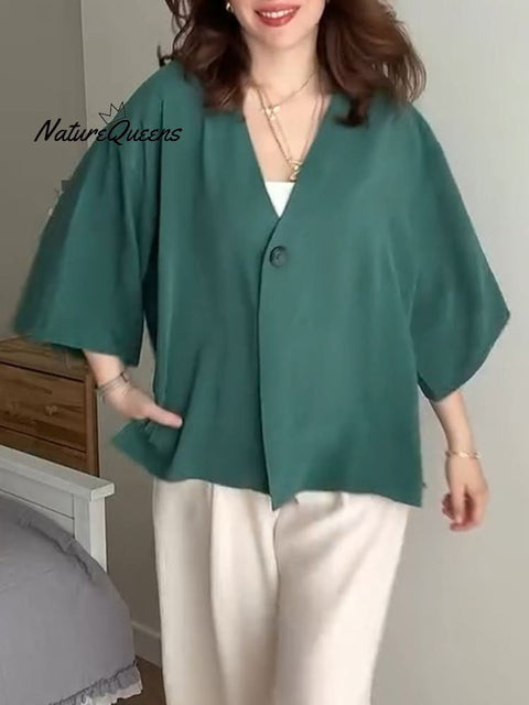 Women's  Solid Color V-Neck 3/4 Sleeve Loose Casual Cardigan