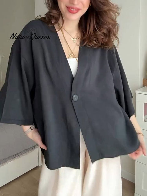 Women's  Solid Color V-Neck 3/4 Sleeve Loose Casual Cardigan