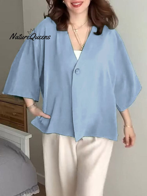 Women's  Solid Color V-Neck 3/4 Sleeve Loose Casual Cardigan
