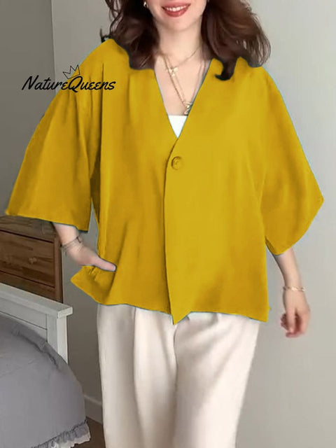 Women's  Solid Color V-Neck 3/4 Sleeve Loose Casual Cardigan
