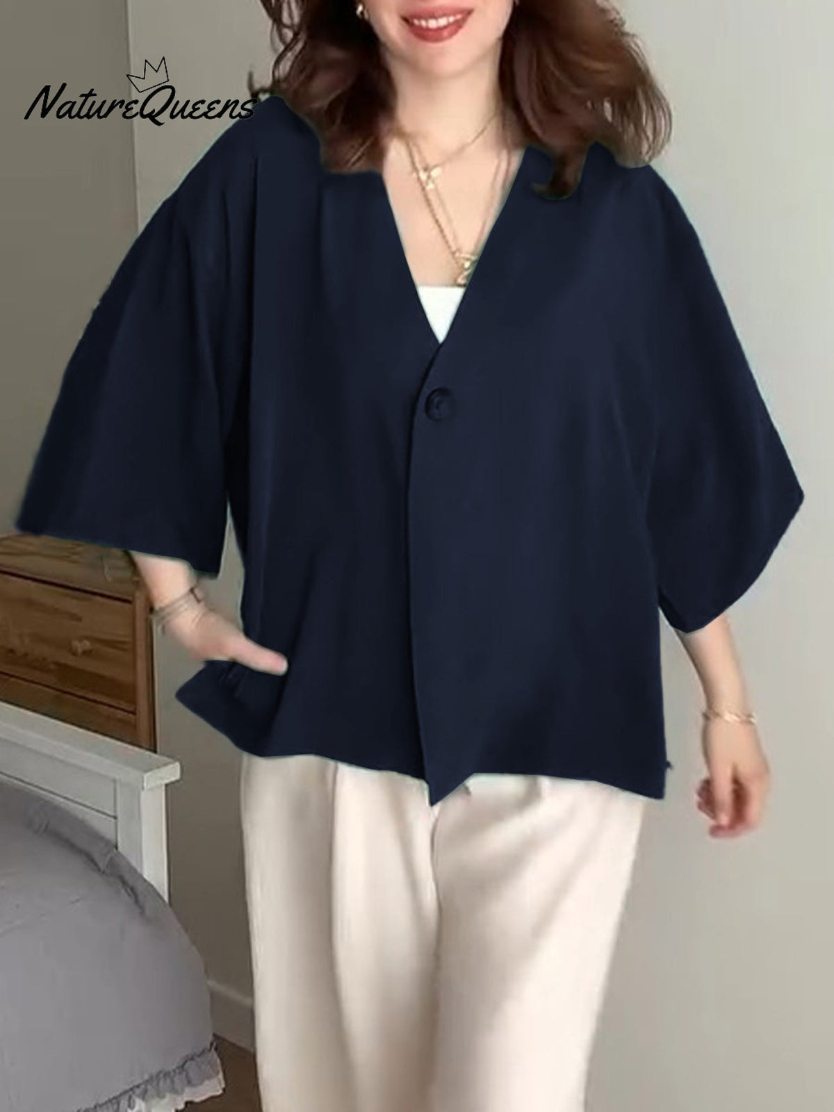Women'sSolid Color V-Neck 3/4 Sleeve Loose Casual Cardigan