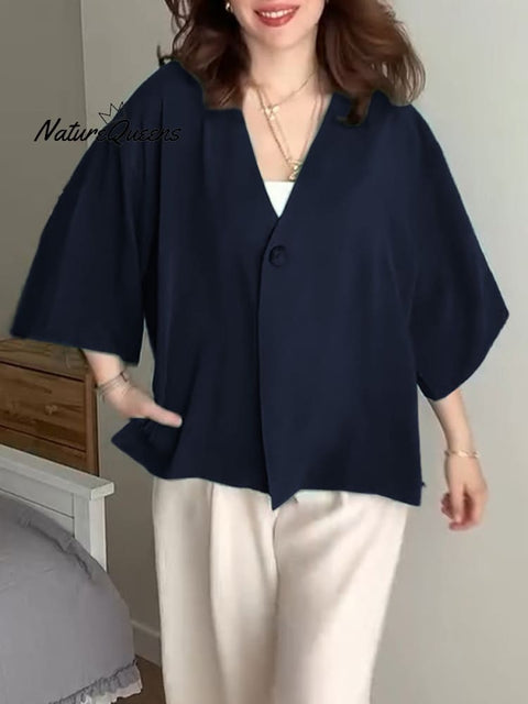 Women's  Solid Color V-Neck 3/4 Sleeve Loose Casual Cardigan