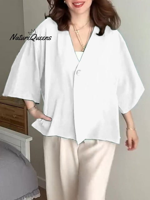 Women's  Solid Color V-Neck 3/4 Sleeve Loose Casual Cardigan