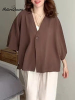 Women'sSolid Color V-Neck 3/4 Sleeve Loose Casual Cardigan