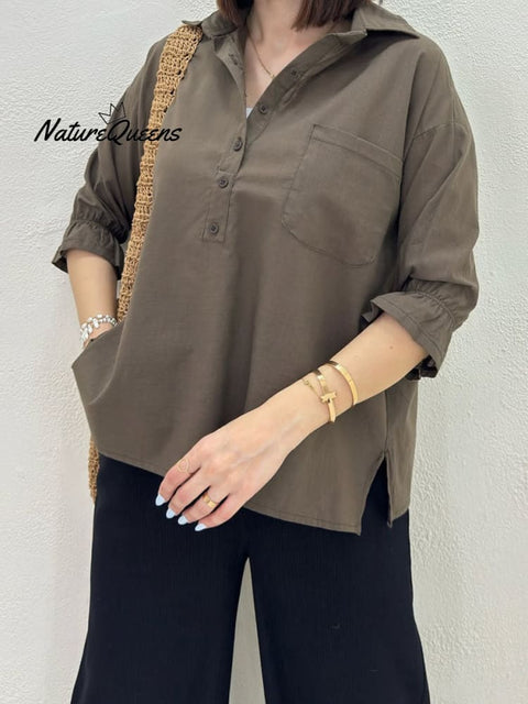 Women's Solid Color Shirt Collar 3/4 Puff Sleeves Casual Linen Top