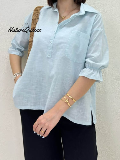 Women's Solid Color Shirt Collar 3/4 Puff Sleeves Casual Linen Top
