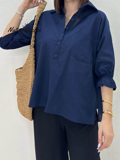 Women's Solid Color Shirt Collar 3/4 Puff Sleeves Casual Linen Top