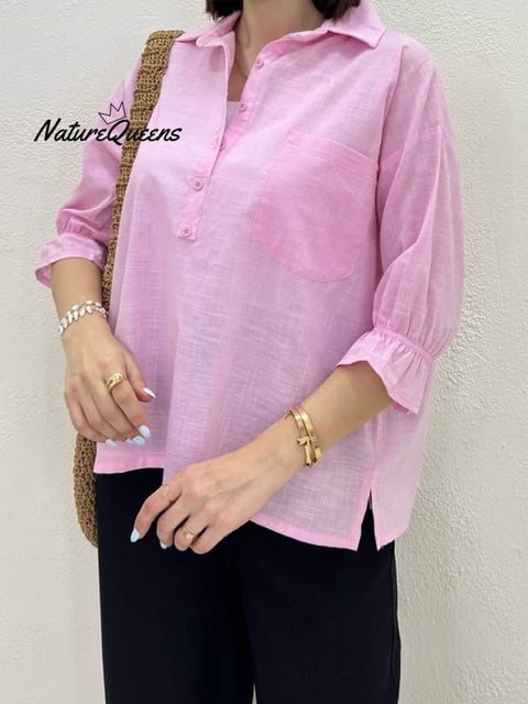 Women's Solid Color Shirt Collar 3/4 Puff Sleeves Casual Linen Top