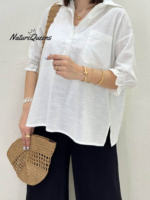 Women's Solid Color Shirt Collar 3/4 Puff Sleeves Casual Linen Top