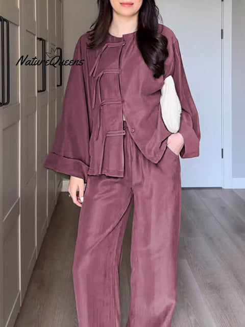 Women Solid Color Round Neck Long Sleeve Loose Cardigan Top High Waist Wide Leg Pants Casual Linen Suit