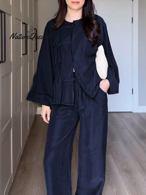 Women Solid Color Round Neck Long Sleeve Loose Cardigan Top High Waist Wide Leg Pants Casual Linen Suit