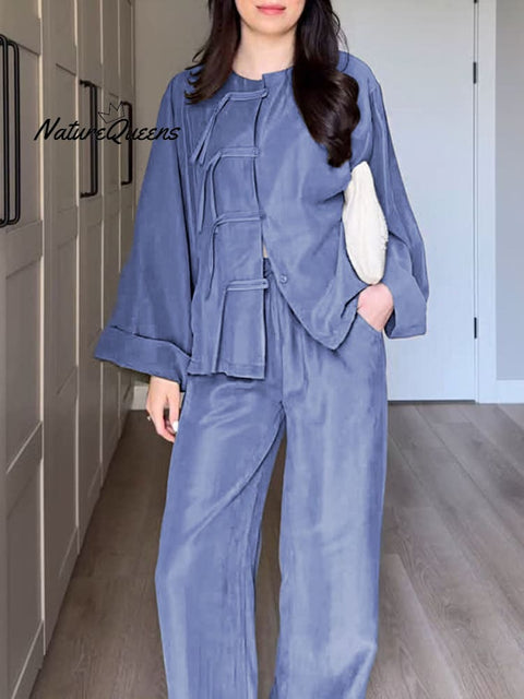 Women Solid Color Round Neck Long Sleeve Loose Cardigan Top High Waist Wide Leg Pants Casual Linen Suit
