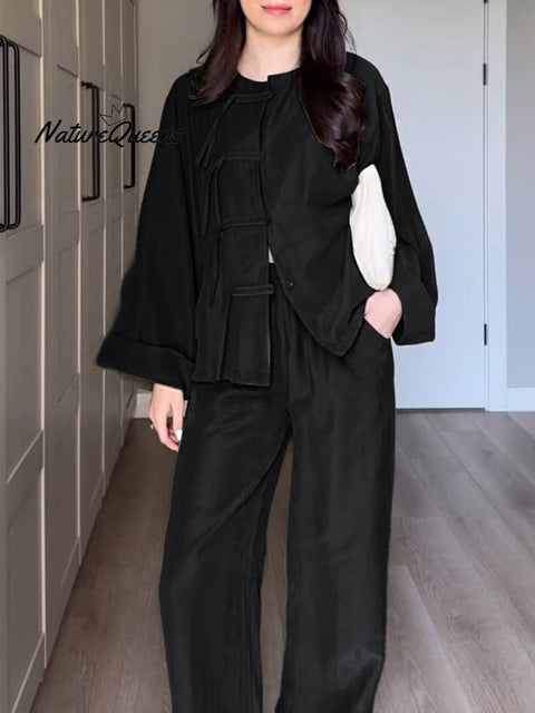 Women Solid Color Round Neck Long Sleeve Loose Cardigan Top High Waist Wide Leg Pants Casual Linen Suit