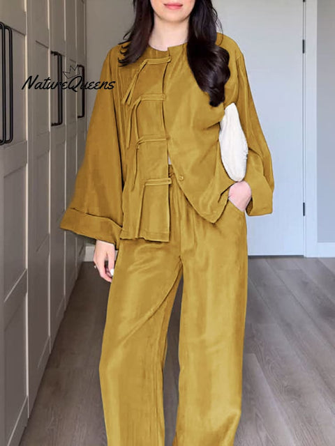 Women Solid Color Round Neck Long Sleeve Loose Cardigan Top High Waist Wide Leg Pants Casual Linen Suit