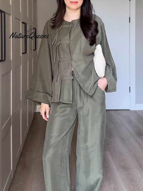 Women Solid Color Round Neck Long Sleeve Loose Cardigan Top High Waist Wide Leg Pants Casual Linen Suit