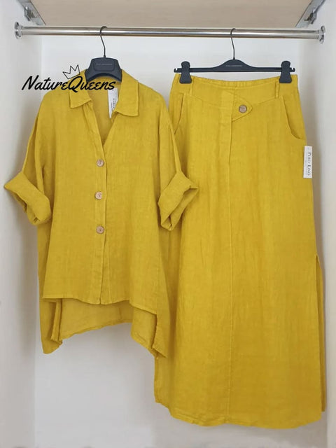 Women's Solid Color Shirt Collar 3/4 Sleeves Casual Linen Cardigan Top Semi-Elastic High Waist Casual Skirt Linen Suit