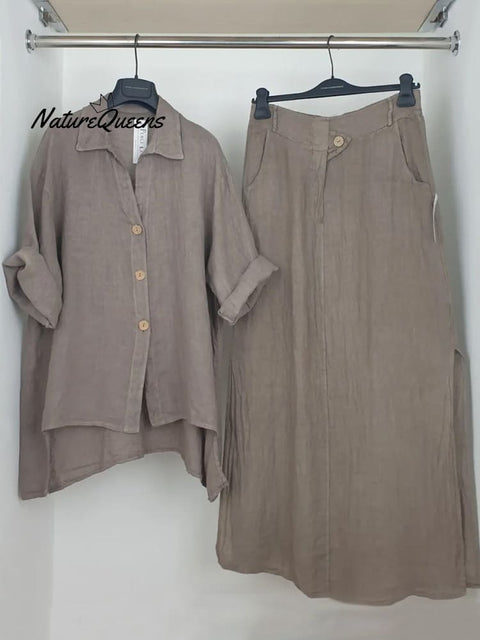 Women's Solid Color Shirt Collar 3/4 Sleeves Casual Linen Cardigan Top Semi-Elastic High Waist Casual Skirt Linen Suit