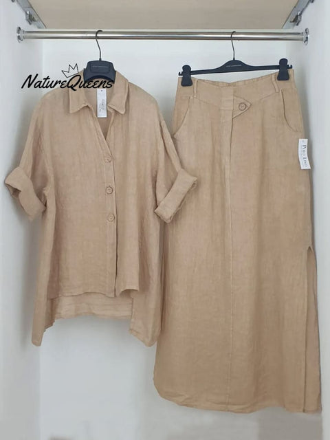 Women's Solid Color Shirt Collar 3/4 Sleeves Casual Linen Cardigan Top Semi-Elastic High Waist Casual Skirt Linen Suit