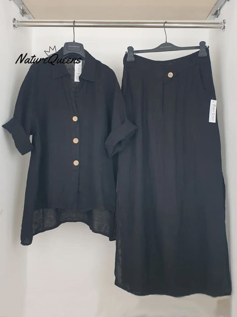 Women's Solid Color Shirt Collar 3/4 Sleeves Casual Linen Cardigan Top Semi-Elastic High Waist Casual Skirt Linen Suit