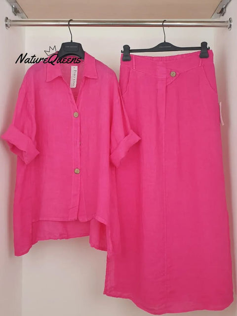 Women's Solid Color Shirt Collar 3/4 Sleeves Casual Linen Cardigan Top Semi-Elastic High Waist Casual Skirt Linen Suit