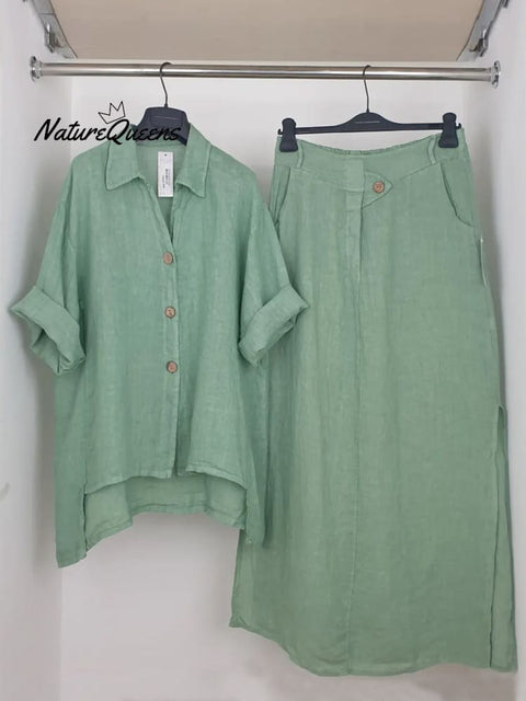 Women's Solid Color Shirt Collar 3/4 Sleeves Casual Linen Cardigan Top Semi-Elastic High Waist Casual Skirt Linen Suit