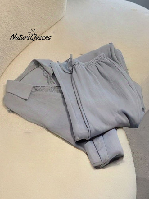 Women's Solid Color Lace Stitching Lapel Long Sleeve Top Casual Linen Wide Leg Pants Set