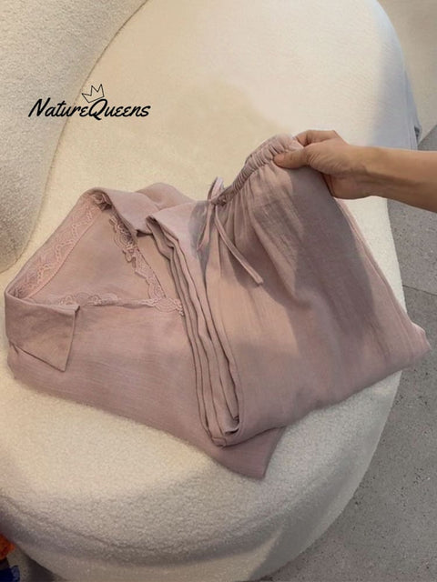 Women's Solid Color Lace Stitching Lapel Long Sleeve Top Casual Linen Wide Leg Pants Set