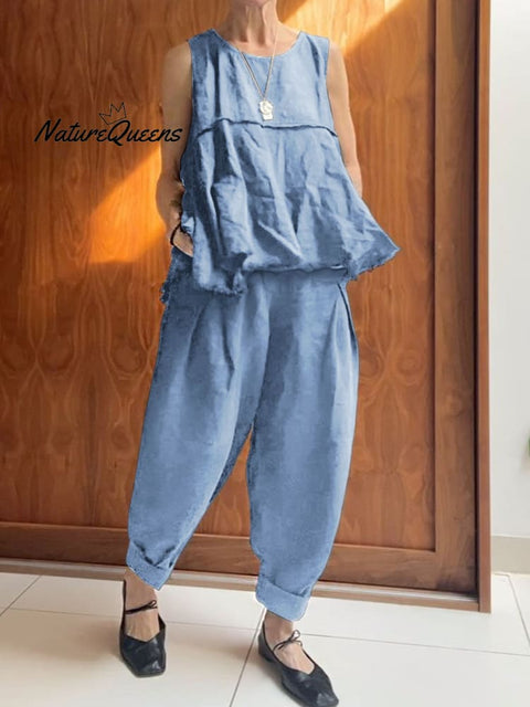 Women's Solid Color Round Neck Sleeveless A-Line Top Casual Pocket Cotton and Linen Cuffed Pants Set