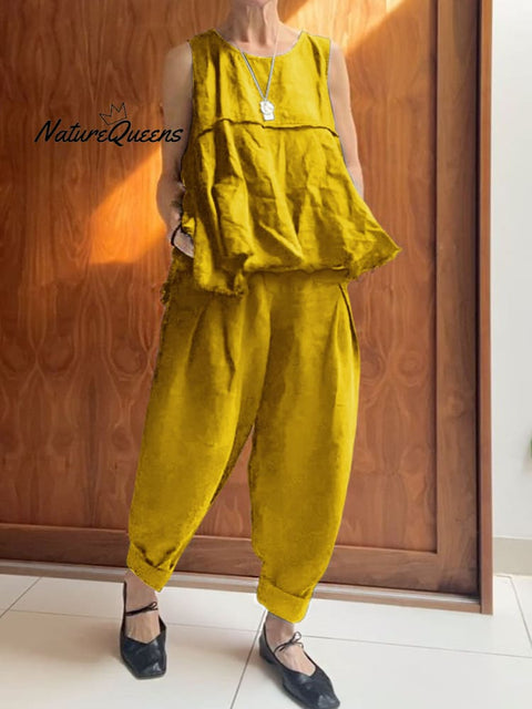 Women's Solid Color Round Neck Sleeveless A-Line Top Casual Pocket Cotton and Linen Cuffed Pants Set