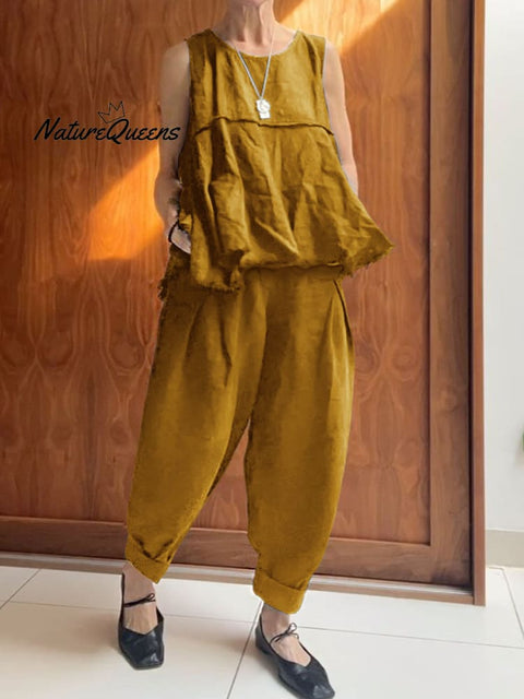 Women's Solid Color Round Neck Sleeveless A-Line Top Casual Pocket Cotton and Linen Cuffed Pants Set