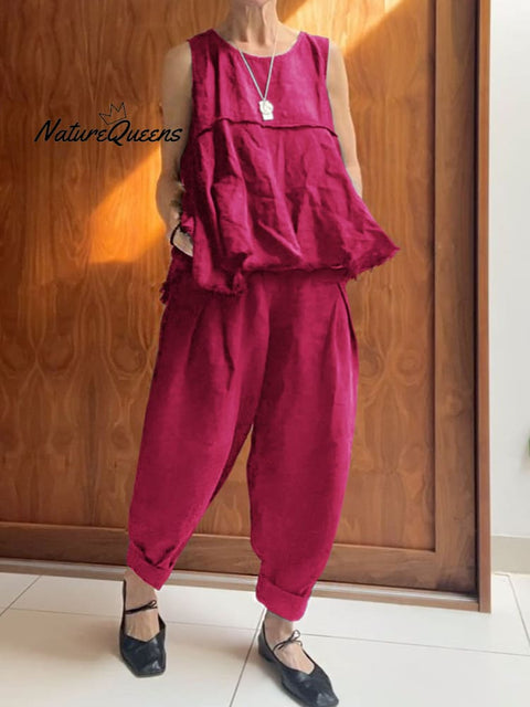 Women's Solid Color Round Neck Sleeveless A-Line Top Casual Pocket Cotton and Linen Cuffed Pants Set