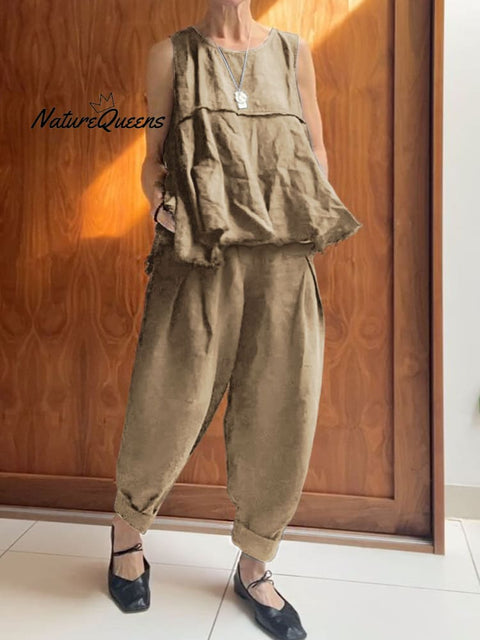 Women's Solid Color Round Neck Sleeveless A-Line Top Casual Pocket Cotton and Linen Cuffed Pants Set