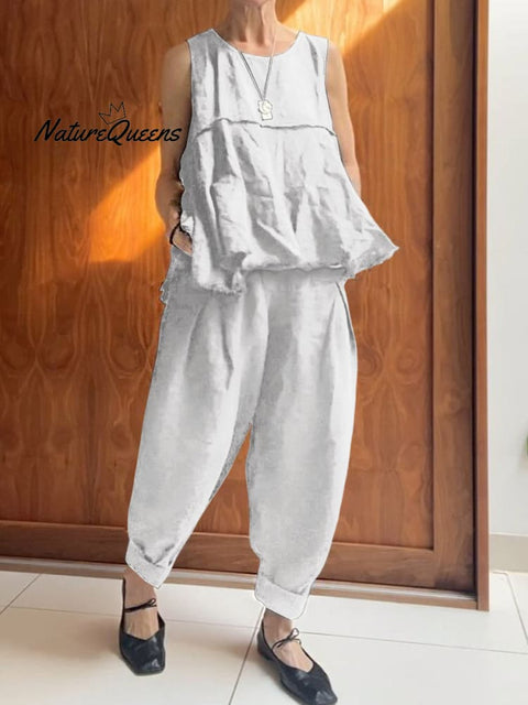 Women's Solid Color Round Neck Sleeveless A-Line Top Casual Pocket Cotton and Linen Cuffed Pants Set