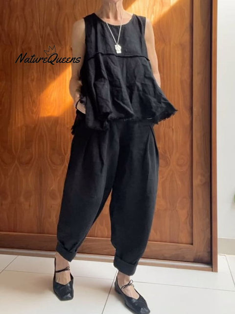 Women's Solid Color Round Neck Sleeveless A-Line Top Casual Pocket Cotton and Linen Cuffed Pants Set